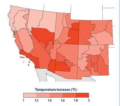 Average temperatures across the entire Southwest have increased in recent years, up to 2°F in some areas. This map shows the average temperature from 2000-2013 relative to the long-term average from 1895-2013. All areas on have increased 1 to 2 °F.
