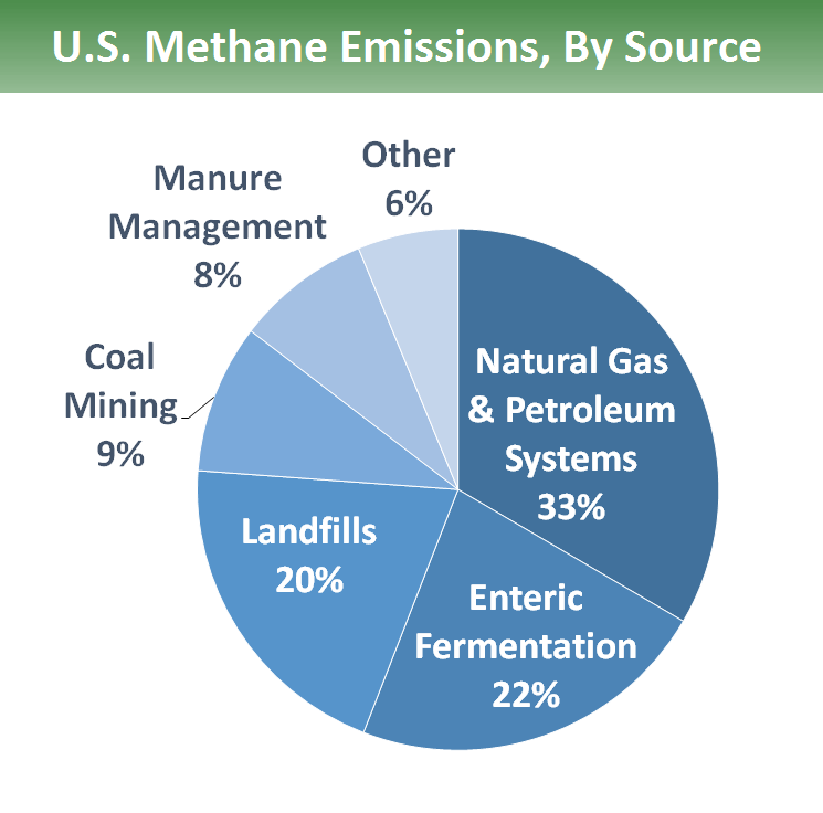 US Methane Emissions by Source: U.S. methane emissions by source: 33% is from natural gas and petroleum systems, 22% is from enteric fermentation, 20% is from landfills, 9% is from coal mining, 8% is from manure management, and 6% is from other sources.