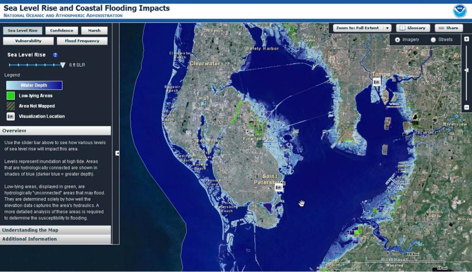 Screenshot of the NOAA sea level rise and coastal flooding impacts tool. The sample map shows a region around Tampa, Florida and a toolbar on the left indicates varying water depths, low-lying areas and other functions of the tool.