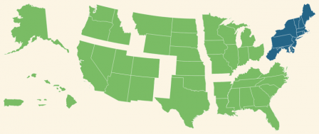Карта, показывающая регионы Соединенных Штатов, с выделенным северо-восточным регионом.