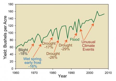 Линейный график, показывающий урожайность в бушелях с акра по годам. На карте отмечены несколько событий, вызвавших значительное снижение урожайности.Упадок, сырая весна и ранние заморозки, засухи, наводнения и необычные климатические явления вызвали снижение урожайности на 29 процентов. Данные варьируются с 1960 по 2010 год, и за этот период времени тенденция показывает, что урожайность с акра выросла примерно с 60 до 150 бушелей с акра.