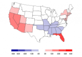 Map showing how the average number of cooling degree days per year has changed in each of the contiguous 48 states over time. The map was created by comparing two time periods: 1895–1954 and 1955–2015.